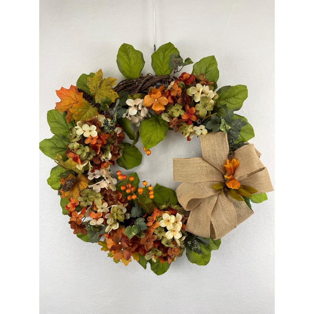 Fall Grapevine Wreath Orange Hydrangea Burlap Bow Autumn Decor 22in